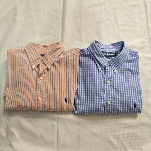 Polo Ralph Lauren Classic Fit PLAID + PIN STRIPED Orange Blue Size 17 Lot of 2